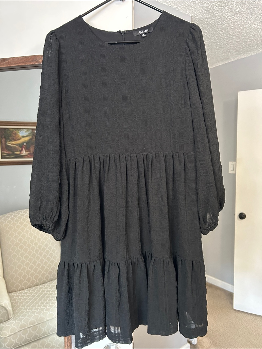 Madewell Black Tiered Puff-Sleeve Long-Sleeve Dress Size 6